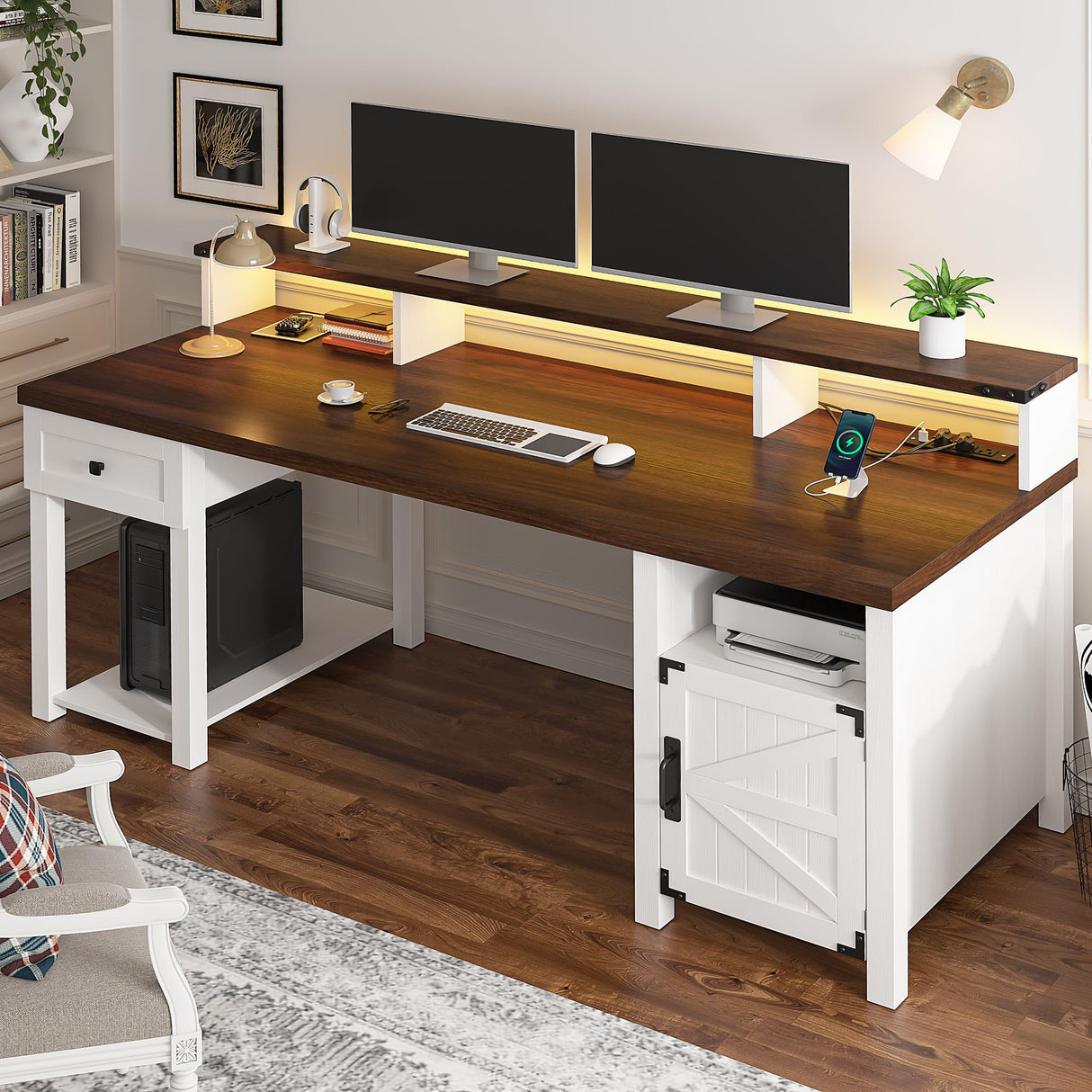 EnHomee 55" Computer Desk with Drawers Farmhouse Desk with Long Monitor Stand Reversible Wood Desk with Power Outlets Large Home Office Desk with Storage Cabinet Writing Desk with Drawers for Bedroom EnHomee