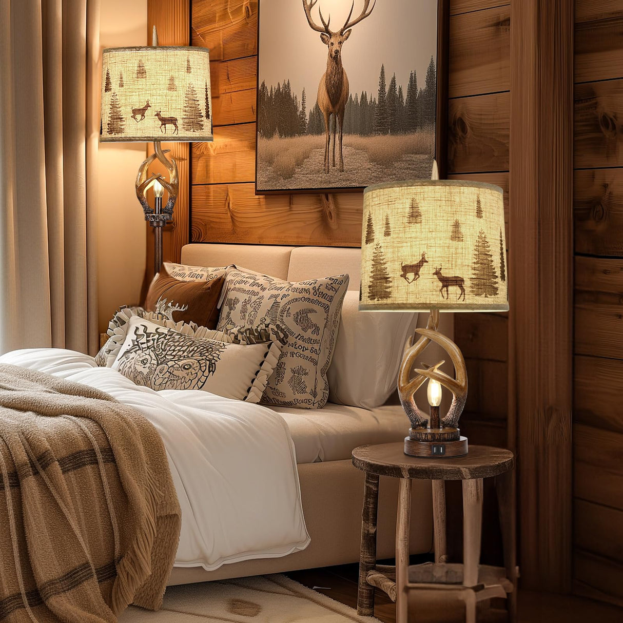 Scenekoy Rustic Farmhouse Antlers Table Lamp Set of 2 with Nightlight Dual USB Ports Linen Fabric Round Shade Bedside Lamp Decor for Living Room Bedroom Office House Scenekoy