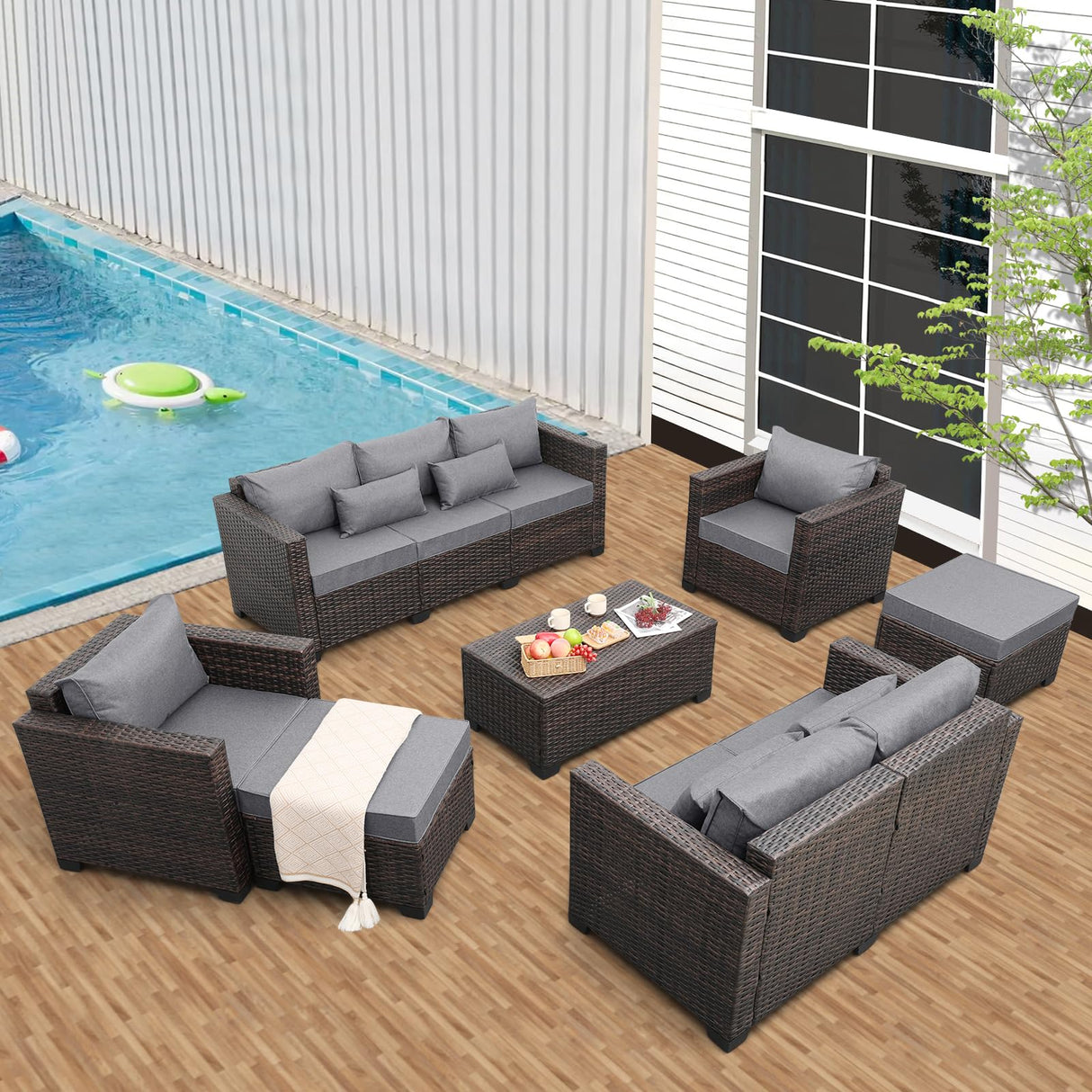 Valita 7 Pieces Patio Furniture Set,9-Seats Outdoor Wicker Sectional Sofa Brown Rattan Modular Patio Conversation Chair Set with Storage Table,Washable Cushions(Grey) Valita