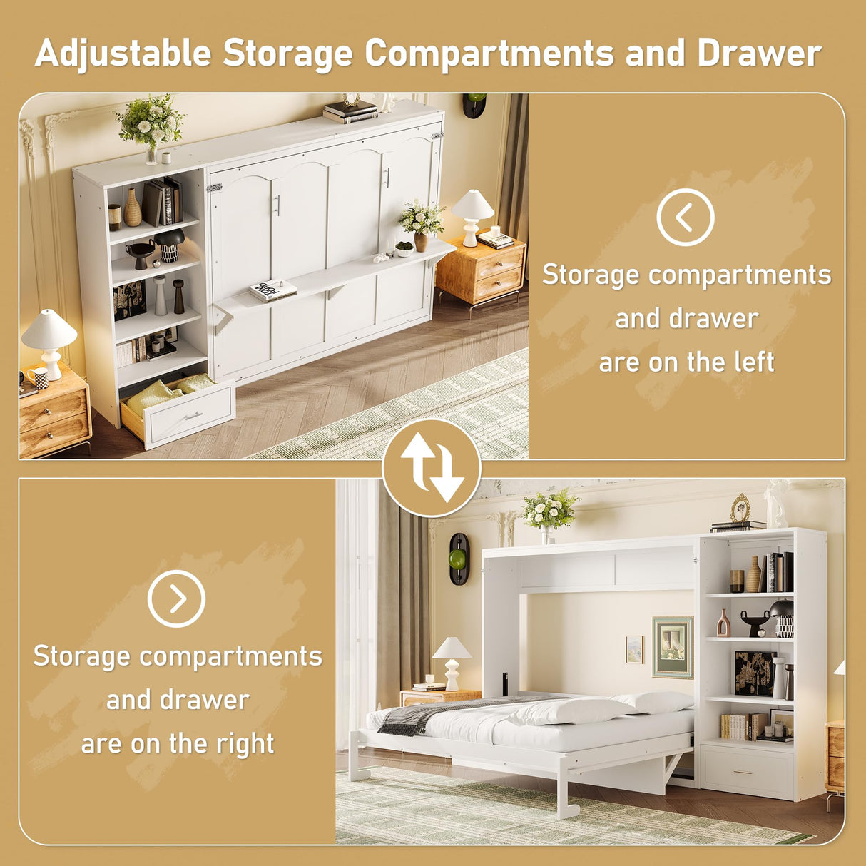 SOFTSEA Queen Horizontal Murphy Bed with Desk, Foldable Wall Bed Frame with Storage Drawers, Shelves & Movable Cabinets, Space-Saving Hideaway Murphy Bed for Small Space, White SOFTSEA