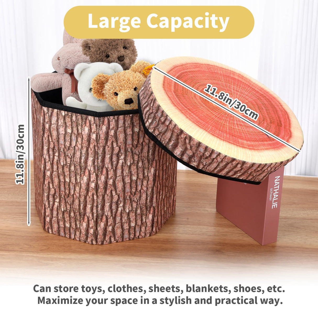 Round Storage Ottoman Cube, Tree Stump Stool, Forest Decor, Multifunctional Toy Storage Box, Cute Foldable Ottoman Stool, Tree Stump footstool Ottoman Storage, 11" Small Foot Stool, Toy Chest Storage Hoohnnaa
