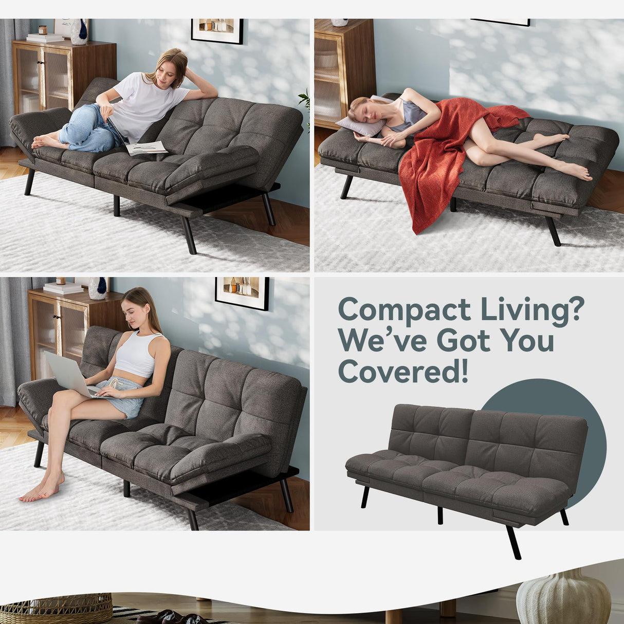 Vyfipt Convertible Futon Sofa Bed, Grey Linen Futon Couch with Adjustable Backrest & Armrests, Folding Small Recliner Sleeper Sofa Bed for Living Room, Apartment, Office Vyfipt