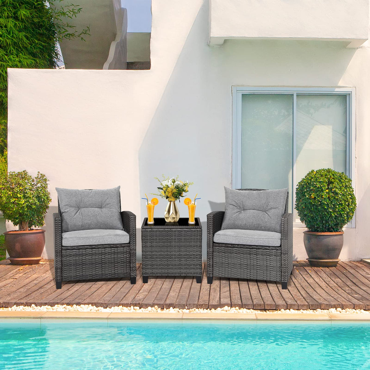 RELAX4LIFE Wicker Patio Furniture Sets - 3 Pieces Rattan Sofa Set, Outdoor Conversation Set with Tempered Glass Tabletop, Heavy-Duty Steel Frame, Wicker Chair Set for Poolside, Backyard, Grey RELAX4LIFE