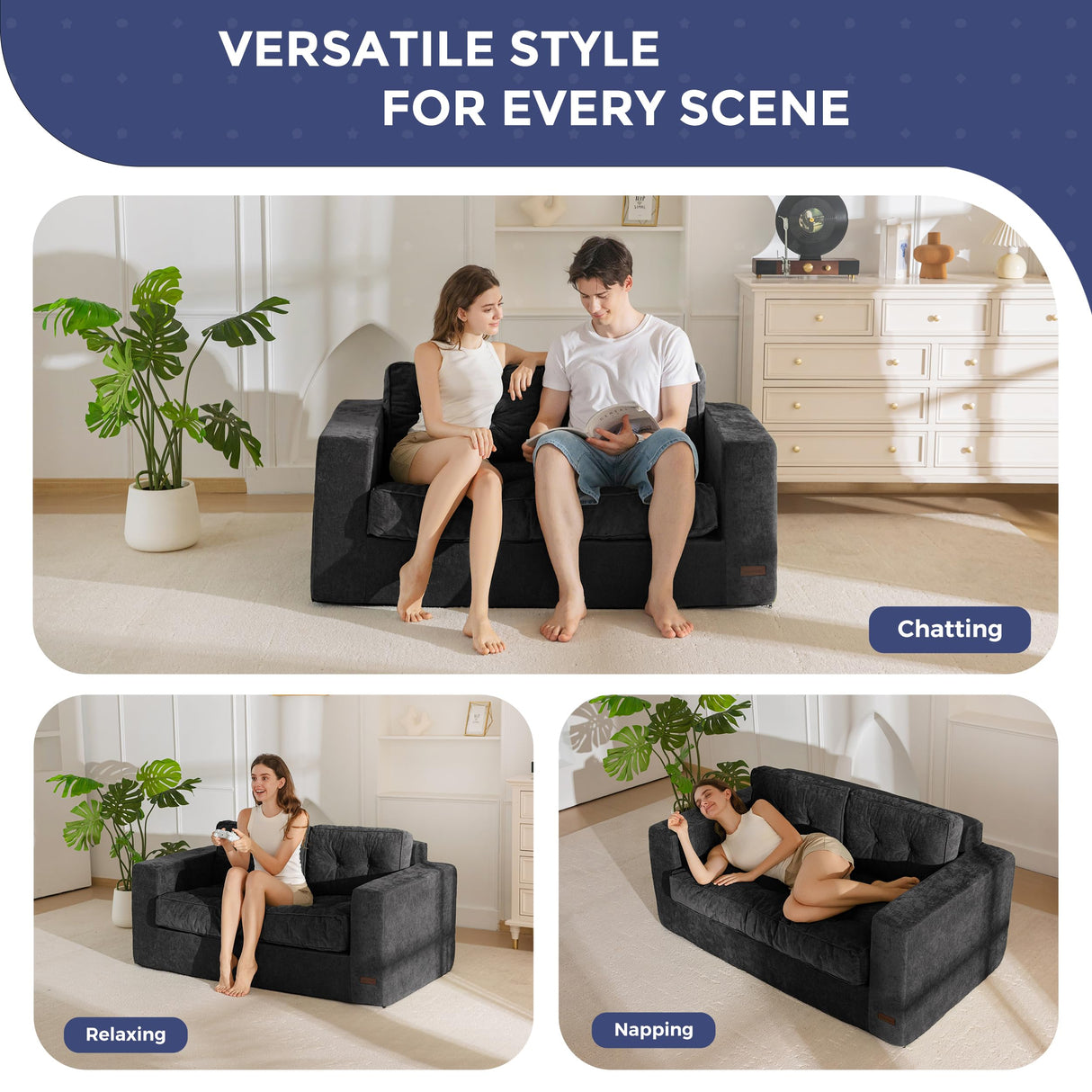 MAXYOYO Boneless Sofa Couch, Loveseat Sofa for Small Space, Tufted 2-Seater Floor Couch Bean Bag Chair for Living Room Bedroom Apartment, Sofa in a Box, No Assembly Needed, Black MAXYOYO