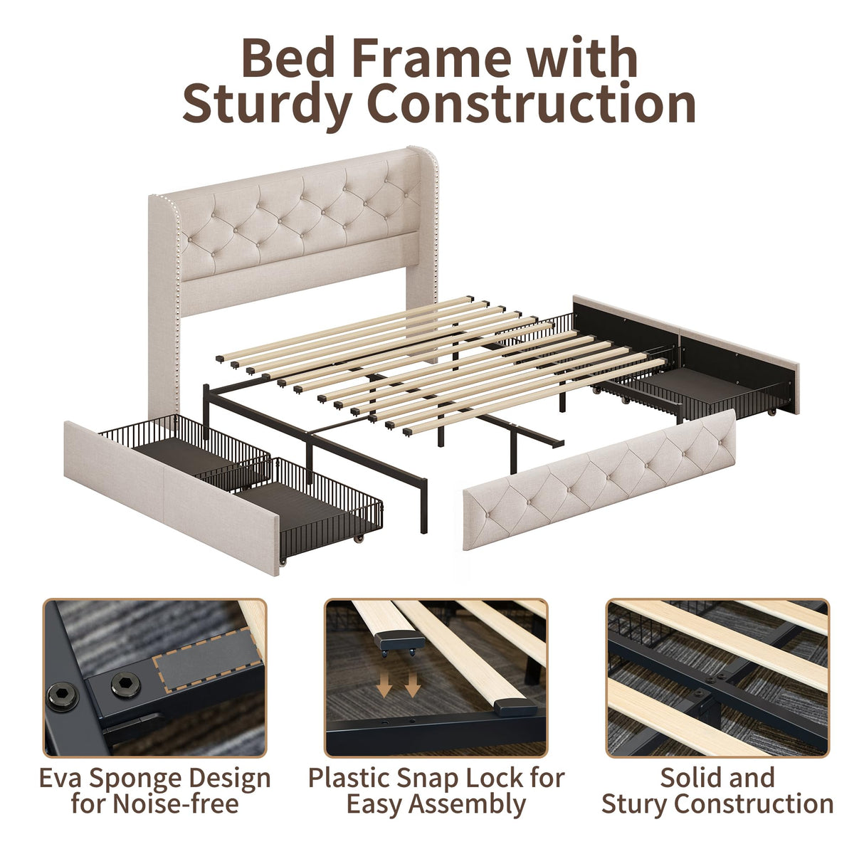 BRELTAM Full Size Bed Frame with Storage Drawers and Wingback Headboard Linen Upholstered Platform Bed Frame Tufted Beds with Heavy Duty Wood Slats, Noise Free, Easy Assembly, Beige BRELTAM