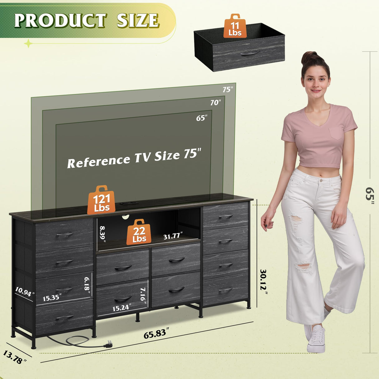 WLIVE 12 Drawer Dresser for Bedroom, Black Dresser TV Stand for 65, 70, 75 inch TV with Led Light & Charging Station, Wide Chest of Drawers with Open Shelves, Fabric Dressers for Closet, Living Room WLIVE