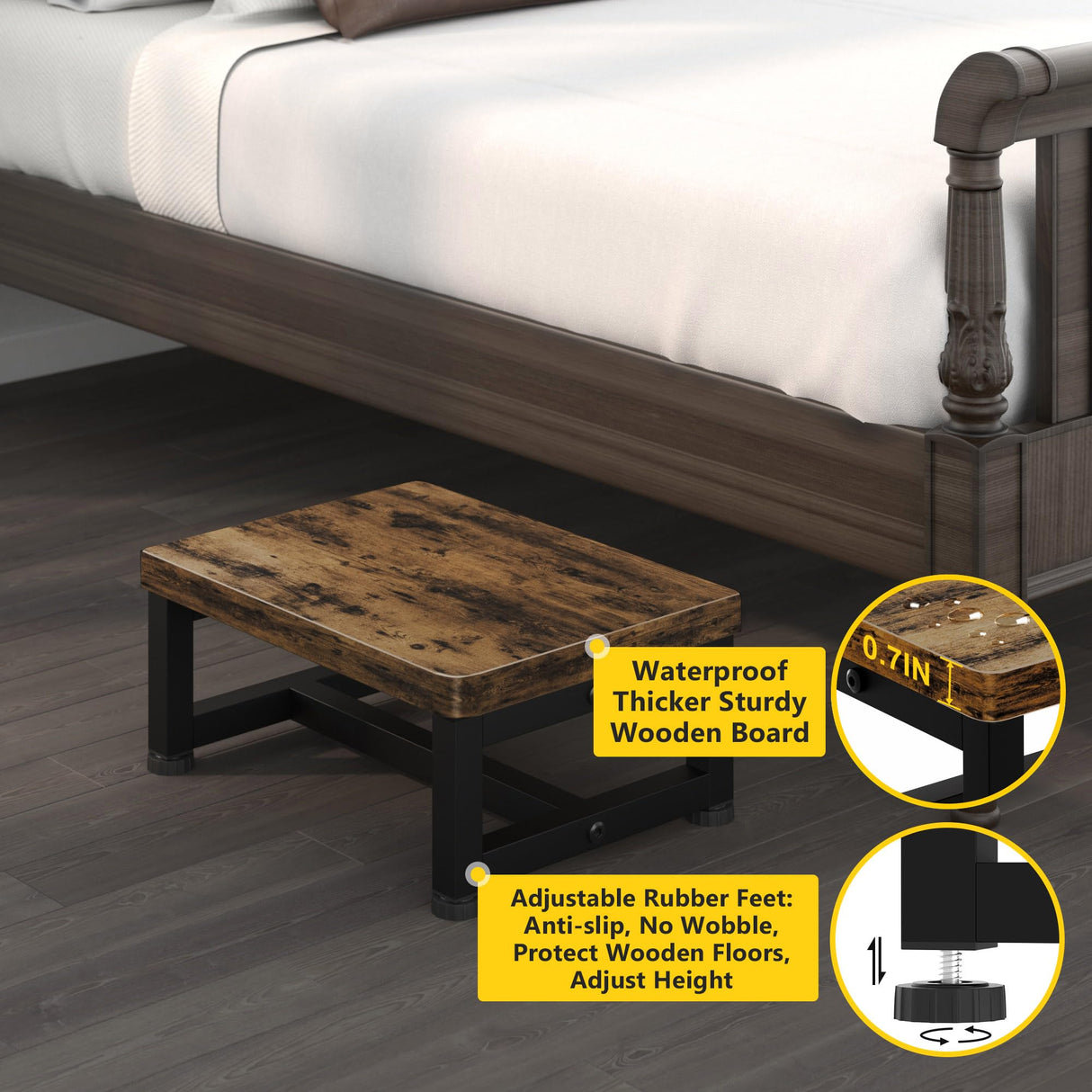 Step Stools for Adults Kids, Sturdy Wooden Stepping Stools with 450LB Capacity, Anti-Slip Bed Steps Stool for High Beds, Foot Stool One Step Stool for Kitchen Bathroom Bedroom, Rustic Brown STAFOPO