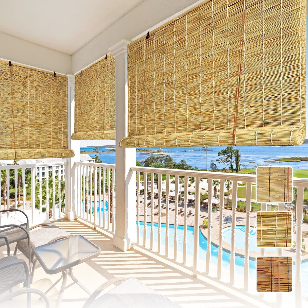 Lsjoaw Roll Up Reed Shade 32x72in (WxH)/81x183CM Outdoor Bamboo Shades Blinds Patio Blinds Roman Roller Blinds Curtain with Lifter Porch Window Privacy Natural White Line Lsjoaw