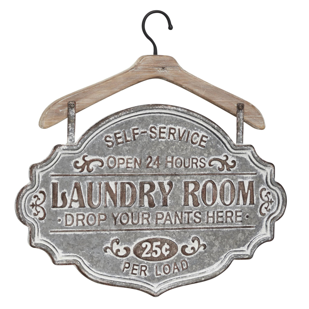 Deco 79 Metal Sign Home Wall Decor Laundry Room Wall Sculpture with Brown Wood Hanger, Wall Art 22" x 1" x 22", Gray Deco 79