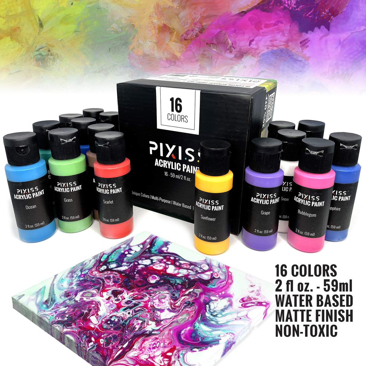Floetrol For Acrylic Paint Pouring Kit, Flotrol Acrylic Pour Medium Additive, 16 Acrylic Pouring Paints, 20 Pixiss Wood Mixing Sticks GrandProducts Art Bundles