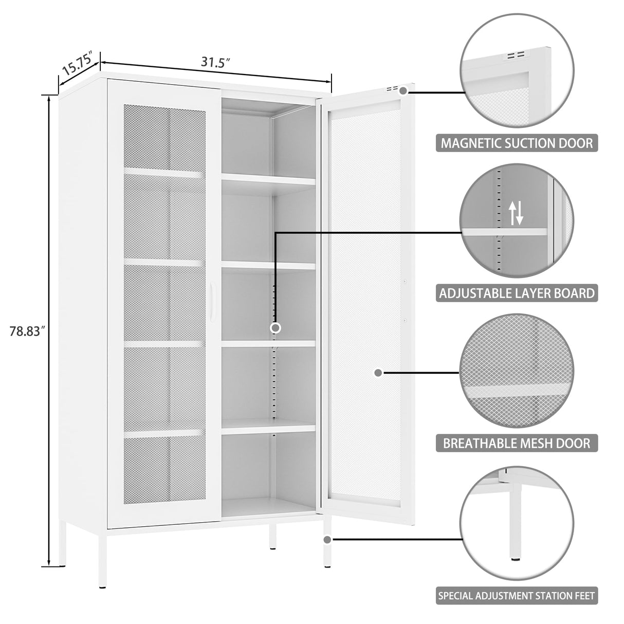 Baborokic Metal Storage Cabinet,Kitchen Pantry Cabinet with 2 Mesh Doors,Tall Organizer Steel Cabinets,Large Metal Locker Storage Cabinet for Home,Office,Living Room(72" White) Baborokic