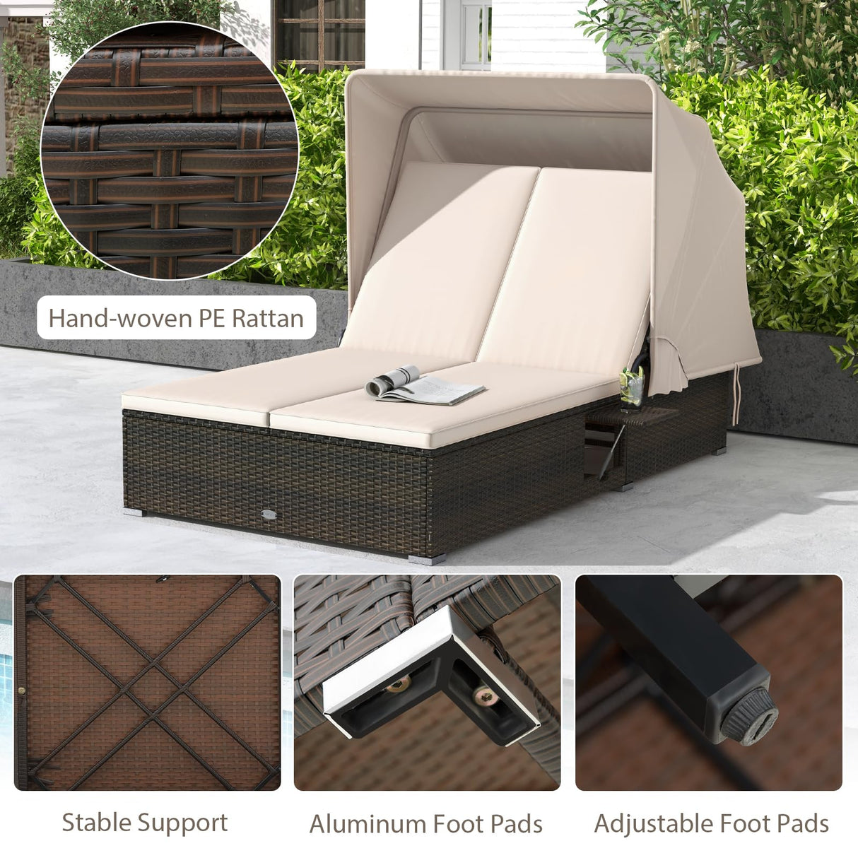 RELAX4LIFE Outdoor Daybed with Retractable Canopy - Wicker Double Chaise Lounge w/6-Position Backrest, 2 Folding Side Trays & Cushions, 2-Seater Loveseat Sunbed for Backyard, Rattan Patio Bed Lounger RELAX4LIFE