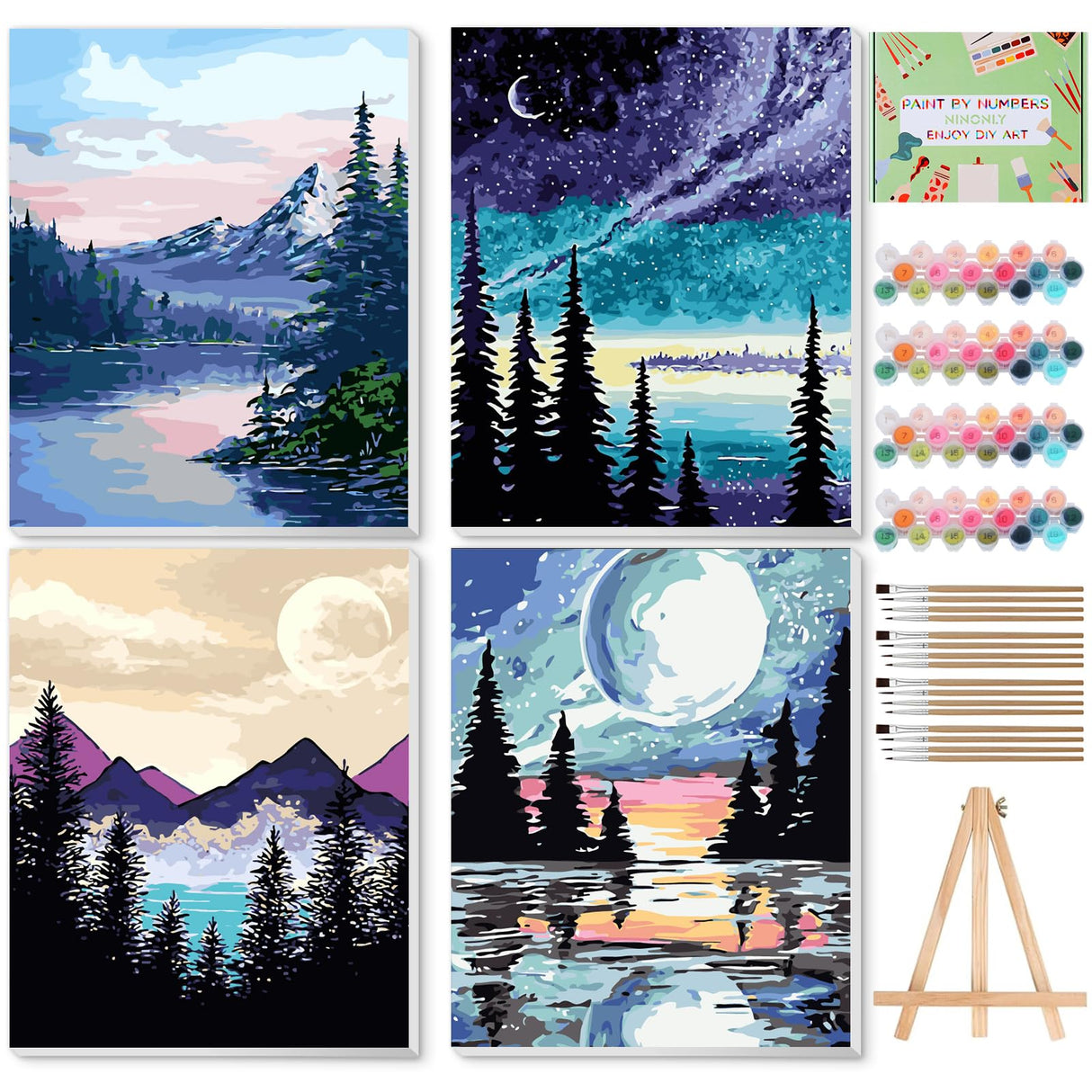 Ninonly 4 Pack Paint by Numbers Kit for Adults Framed Canvas, Art Supplies for Adults Beginners with Easel, Brushes, Acrylic Paint Set for Christmas Gift & Decor, 9 * 12 Inch Ninonly