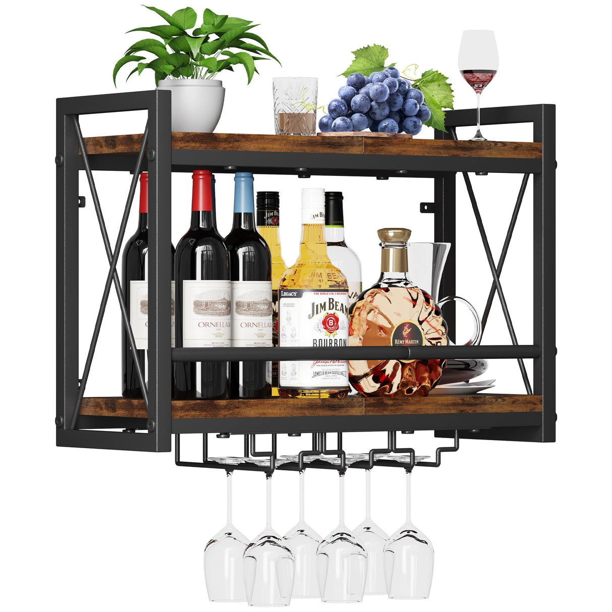 Homeiju Wall Mounted Wine Rack, Bottle & Glass Holder Wood-Metal Retro Wine Rack, Wine Bottles Display Wall Storage for Kitchen Dining Room Home Bar Homeiju