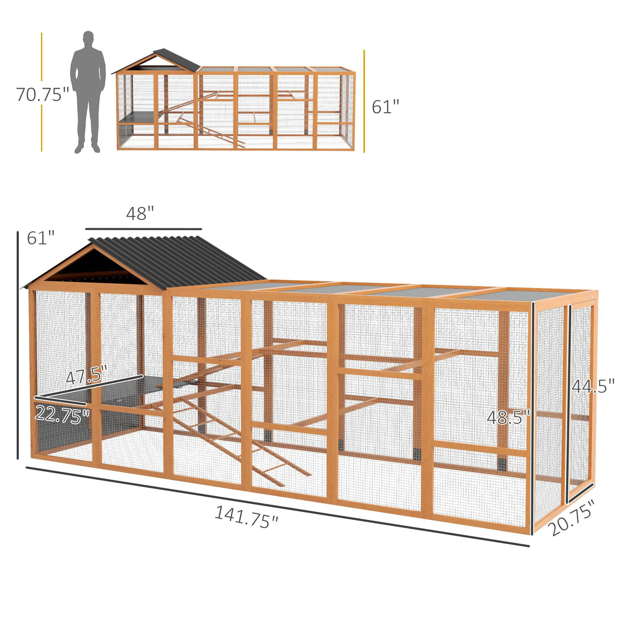 PawHut Wooden Chicken Coop Run for 6-10 Chickens, Hen House Add-On with Storage, Perches, 141.75" x 48" x 61", Orange PawHut