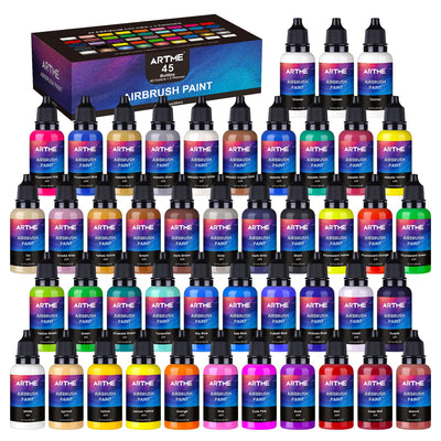 Airbrush Paint, ARTME 42 Colors with 3 Thinner, Ready to Spray, Opaque & Water Based Acrylic Airbrush Paint Set Including Metallic & Neon Colors, Premium Air brush Paints for Metal, Models, Plastic, Canvas, and Wood