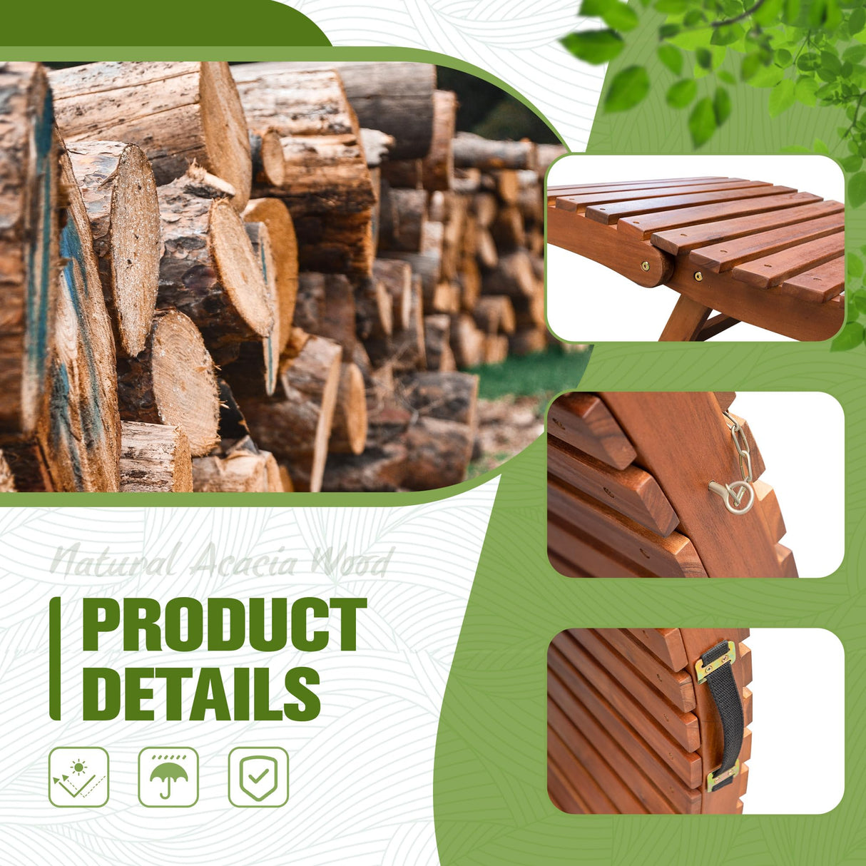 Devoko Patio Chaise Pool Lounge Outdoor Folding Wooden Lounge Chair for Outside Waterproof Lounge Chair (2 Piece) Devoko