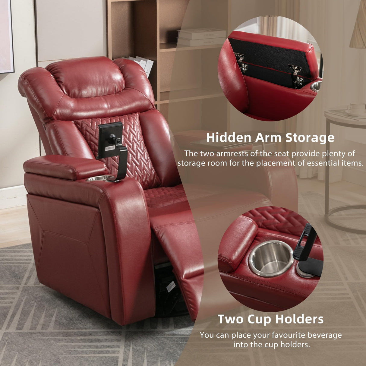 NCKMYB Mid-Century Modern Rocking Power Recliner Chair Swivel PU Leather Chair for Living Room – Cup Holder, Phone Holder, USB Port, Hidden Storage – Red NCKMYB