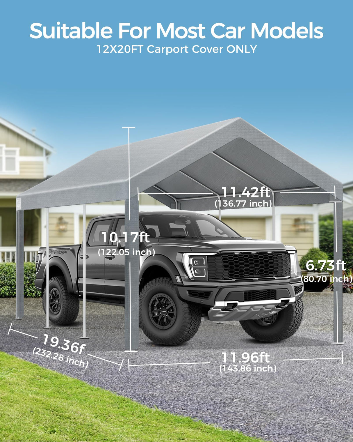 12x20 FT Heavy Duty Carport Replacement Canopy Cover, Durable Waterproof Garage Shelter Top, Car Tent for Outdoor Use, with Ball Bungees for Secure (Gray) Mars Explo