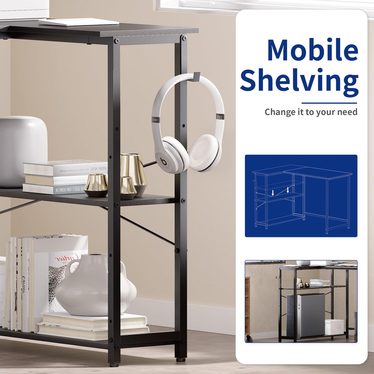 Pamray 43 Inch L Shaped Computer Desk with Reversible Side Storage Shelves, Small Corner Desk for Small Space Home Office,Writing Study Table Gaming PC Desk for Bedroom,Black Pamray