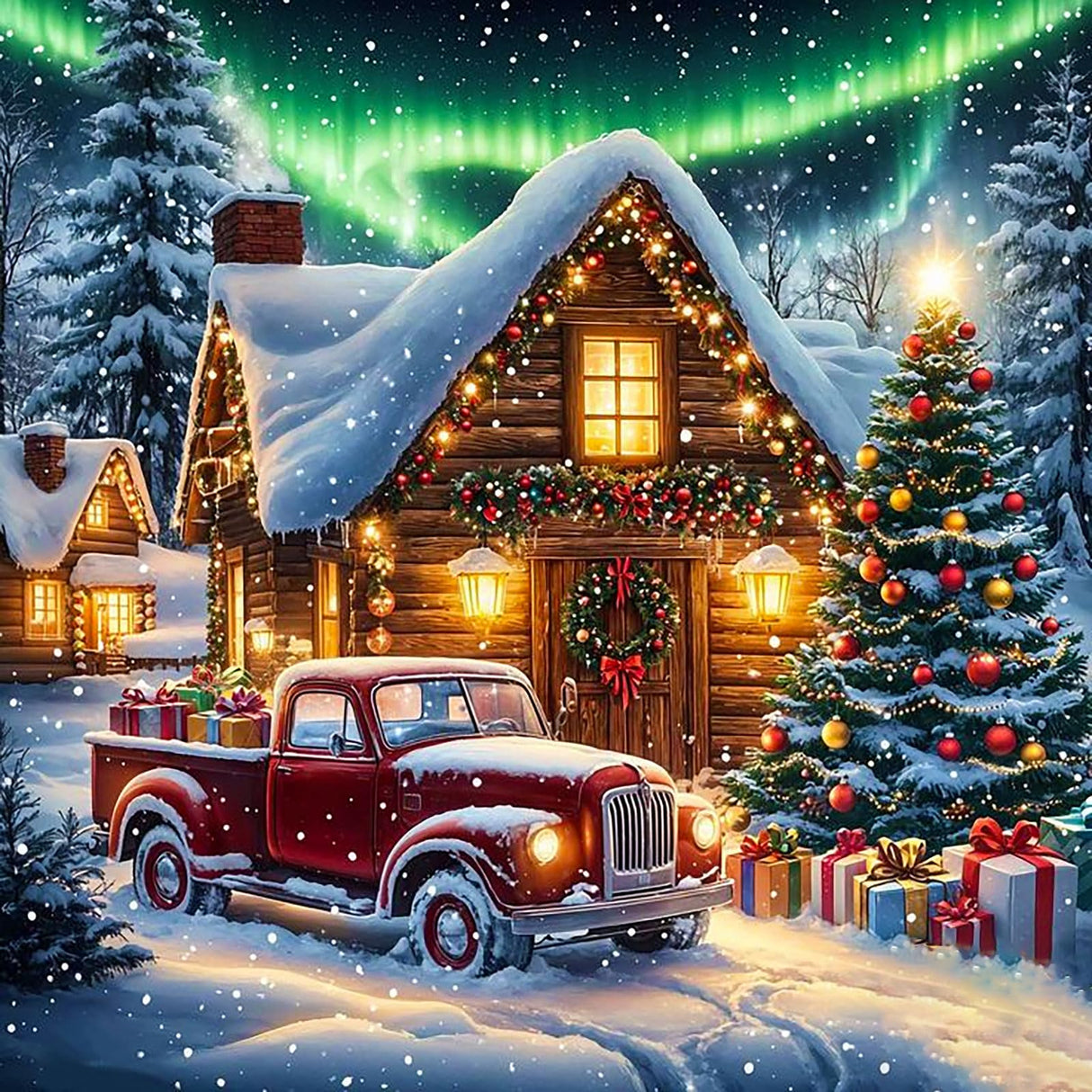 Christmas Truck Diamond Art Kits for Adults Beginners-Christmas House Diamond Painting Kits for Adults Aurora,DIY Full Round Drill Dot Car Gem Art Craft Paint by Diamonds,Home Wall Decor13.7x13.7Inch SJDIYSTORE