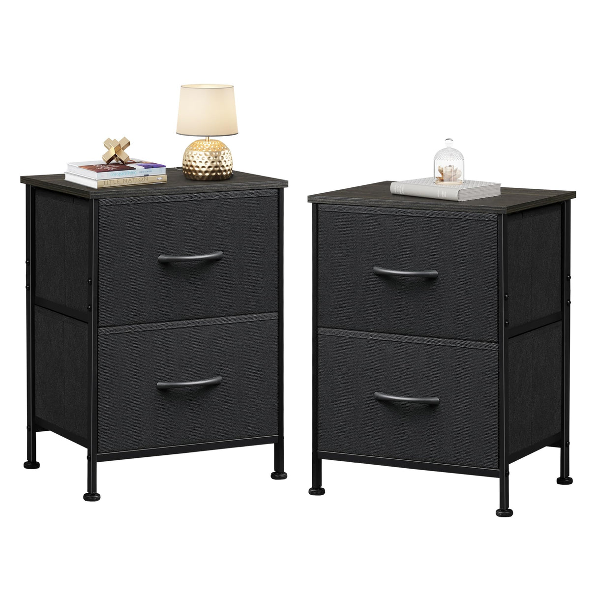 WLIVE Black Nightstand Set of 2, Night Stand with 2 Fabric Drawers, Small Dresser for Bedroom, Bedside Tables for Small Spaces, Dorm, Wood Top WLIVE