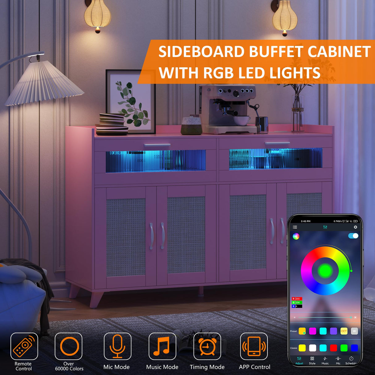 Sideboard Buffet Cabinet With LED Light & Power Outlet, Kitchen Storage Cabinet With 2 Acrylic-Board Drawers & 4 Rattan Doors, Coffee Bar Cabinet Wood Buffet Table for Kitchen, Dining Room (Pink) GarveeHome