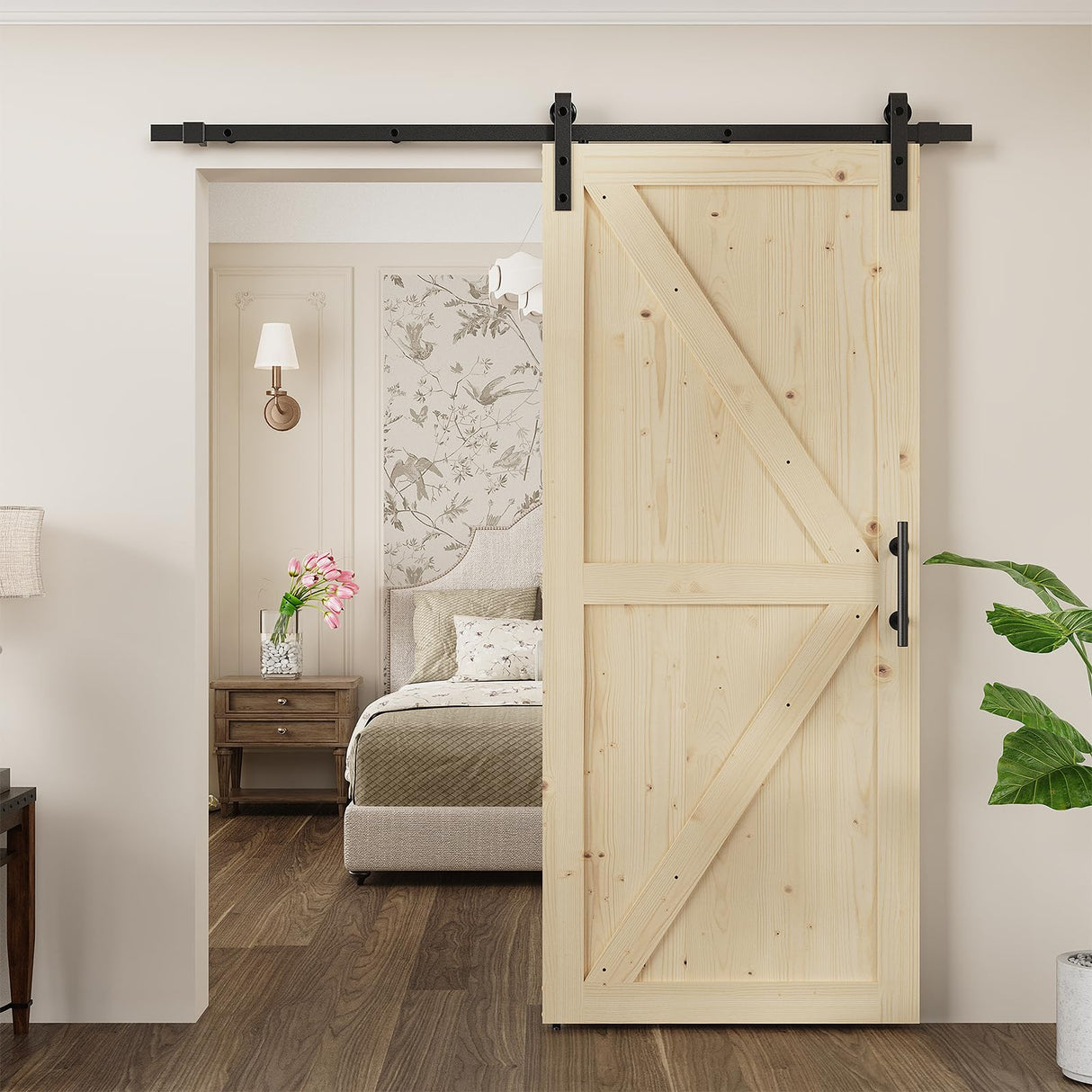 ROOMTEC 28in x 84in Sliding Barn Doors with 5ft Hardware Kit Included & Handle, DIY Unfinished Solid Pine Barn Doors with Barn Door Track Kit ROOMTEC