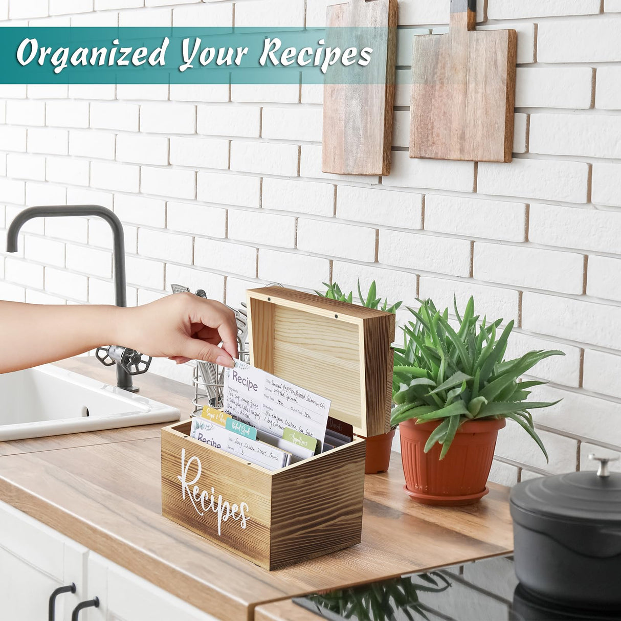 DRASTAR Recipe Card Box, Recipe Holder 4x6, Recipe Organizer with 50 Cards and 6 Dividers, Index Card Box, Wooden Box for Kitchen Countertop, Brown DRASTAR