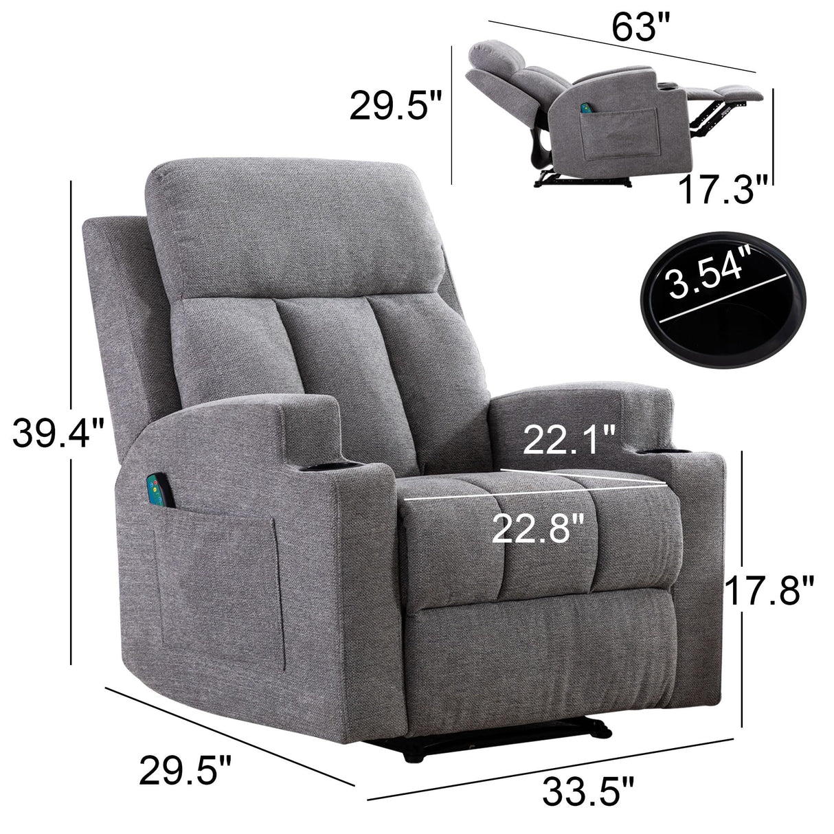 Phoenix Home Manual Recliner Chair with Massage and Heat for Living Room Overstuffed Breathable Fabric Reclining Chair with 2 Side Pockets, 2 Cup Holders, Remote Control, Gray Phoenix Home