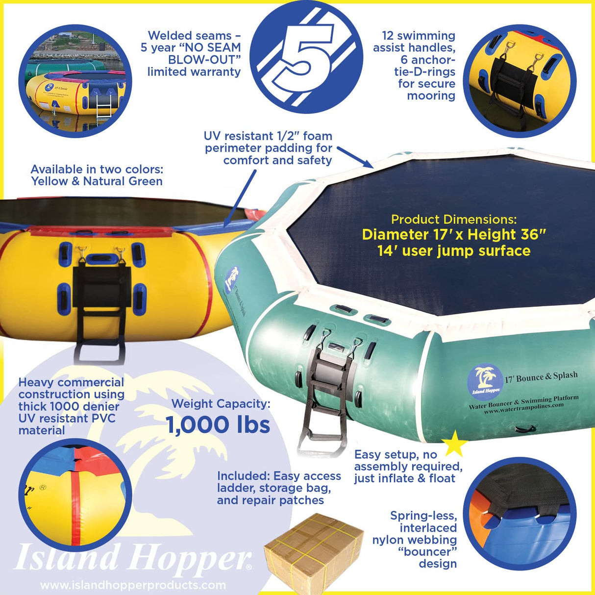 Island Hopper 17' Bounce N Splash Padded Water Bouncer Island Hopper