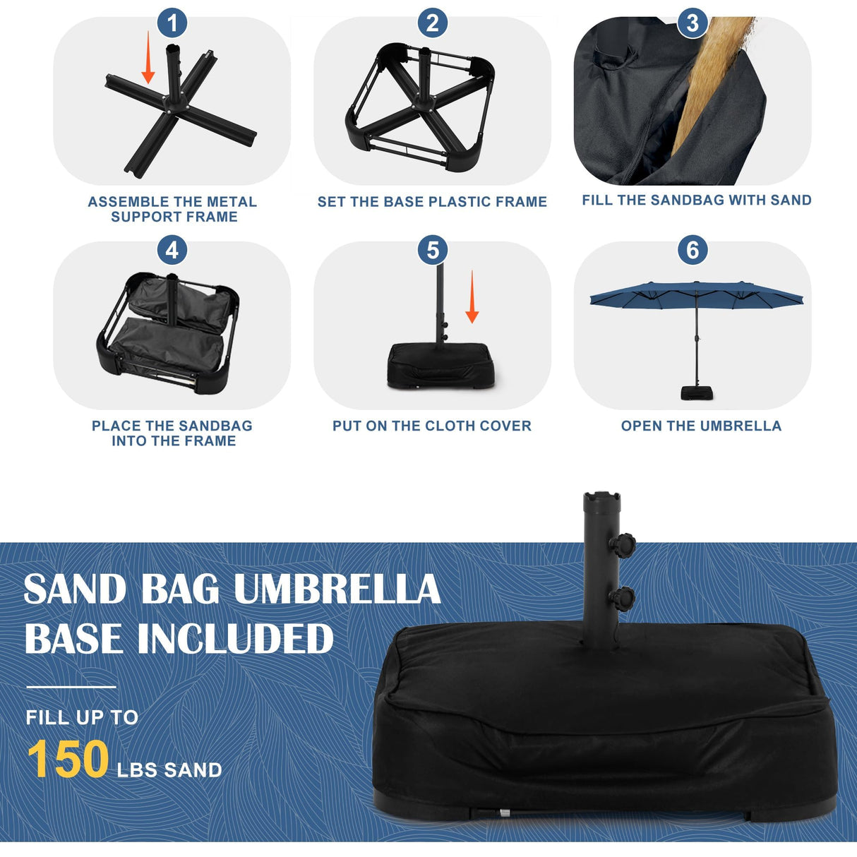 Sundale Outdoor Solar 144 LED 15 ft Patio Umbrella with Sandbag Base Included and Cover, Outdoor Double-Sided Umbrella, Navy Sundale Outdoor