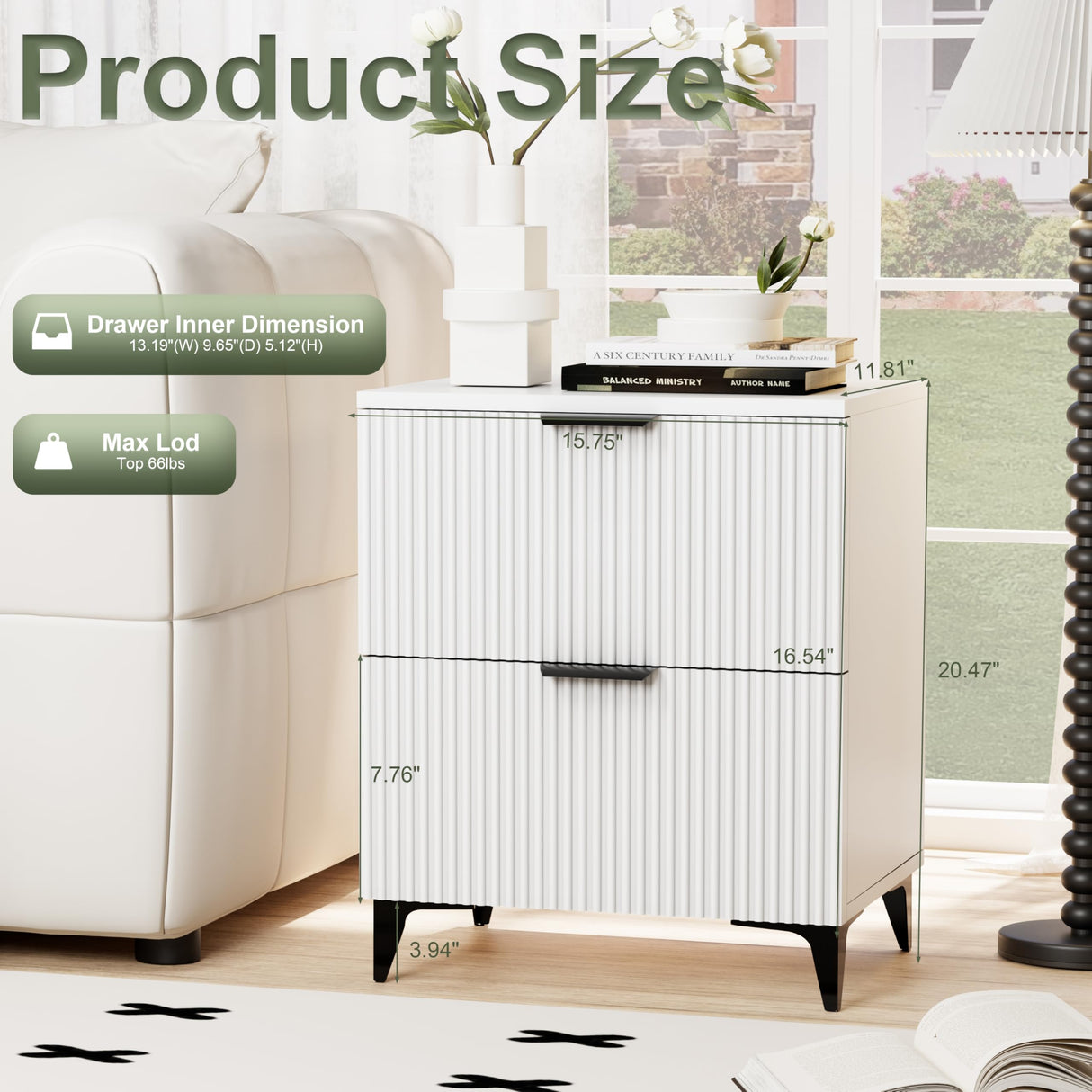 Royal Windsor Fluted Nightstand Set of 2 with 2 Drawers, Side End Table, Small Accent Storage Cabinet,Modern Night Stand Bedside Table for Bedroom,White Royal Windsor