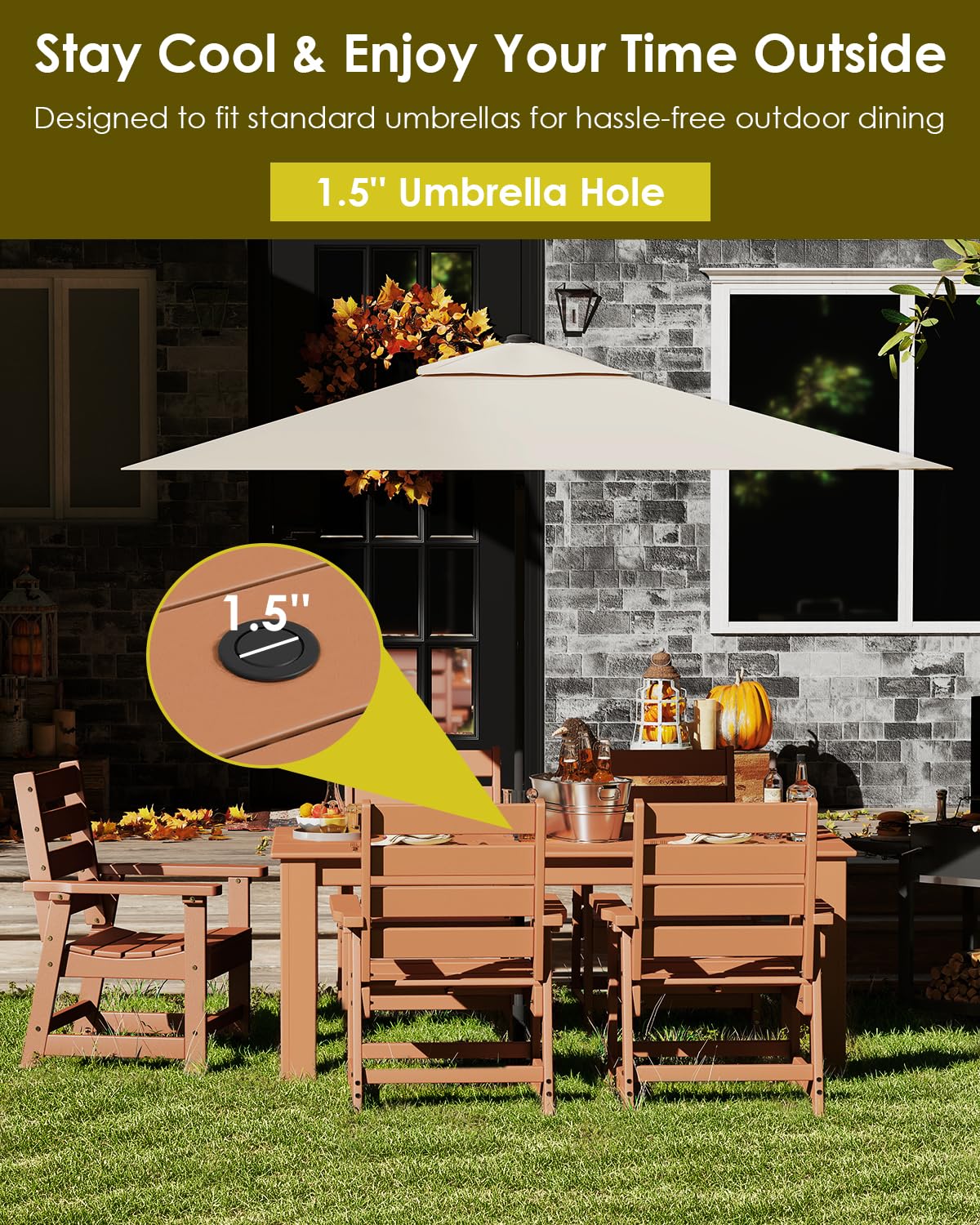 GREENVINES 7-Piece Outdoor Dining Set | HDPE | Patio Table and Chairs Sets for 6 | Patio Furniture | All Weather | Umbrella Hole | Teak | for Backyard Poolside Garden GREENVINES