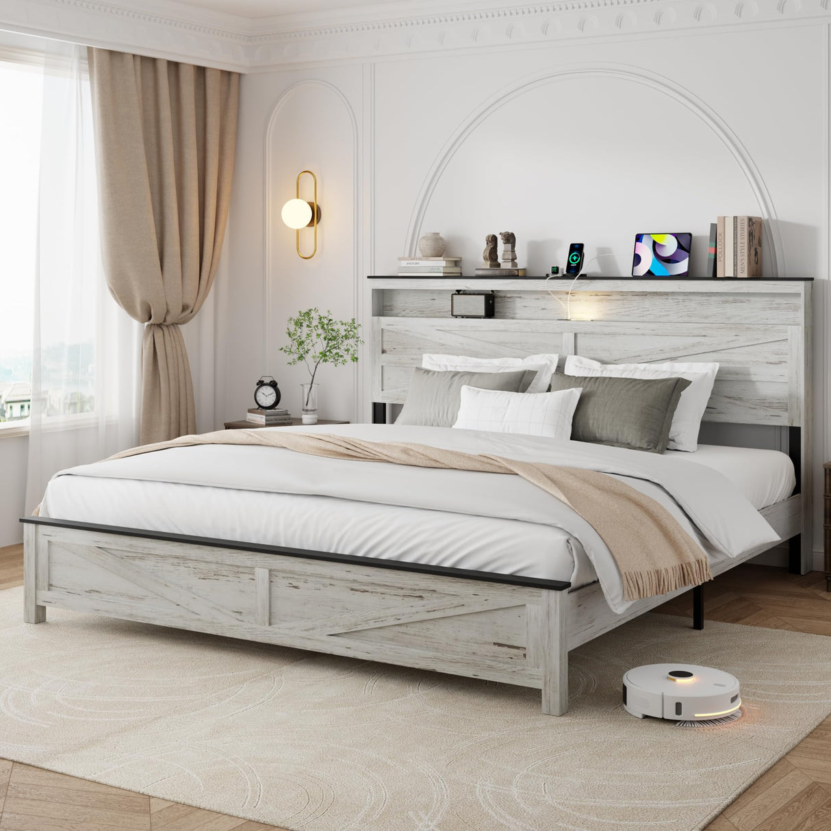 PAUKIN King Size Bed Frame with Headboard, Rustic Farmhouse Wood Bed Frame with LED Lights and Charging Station, Easy Assembly, No Box Spring Needed (White, King) PAUKIN