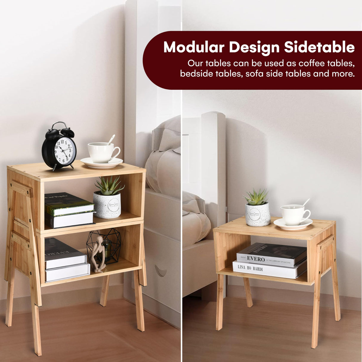 Vdomus Bamboo Stackable Nightstand Set of 2-16 inches Natural Wood Matching Side Table - Wooden Bedside Tables - Minimalist Low End Table Furniture for Living Room or Bedroom Mothers Day Gifts Vdomus