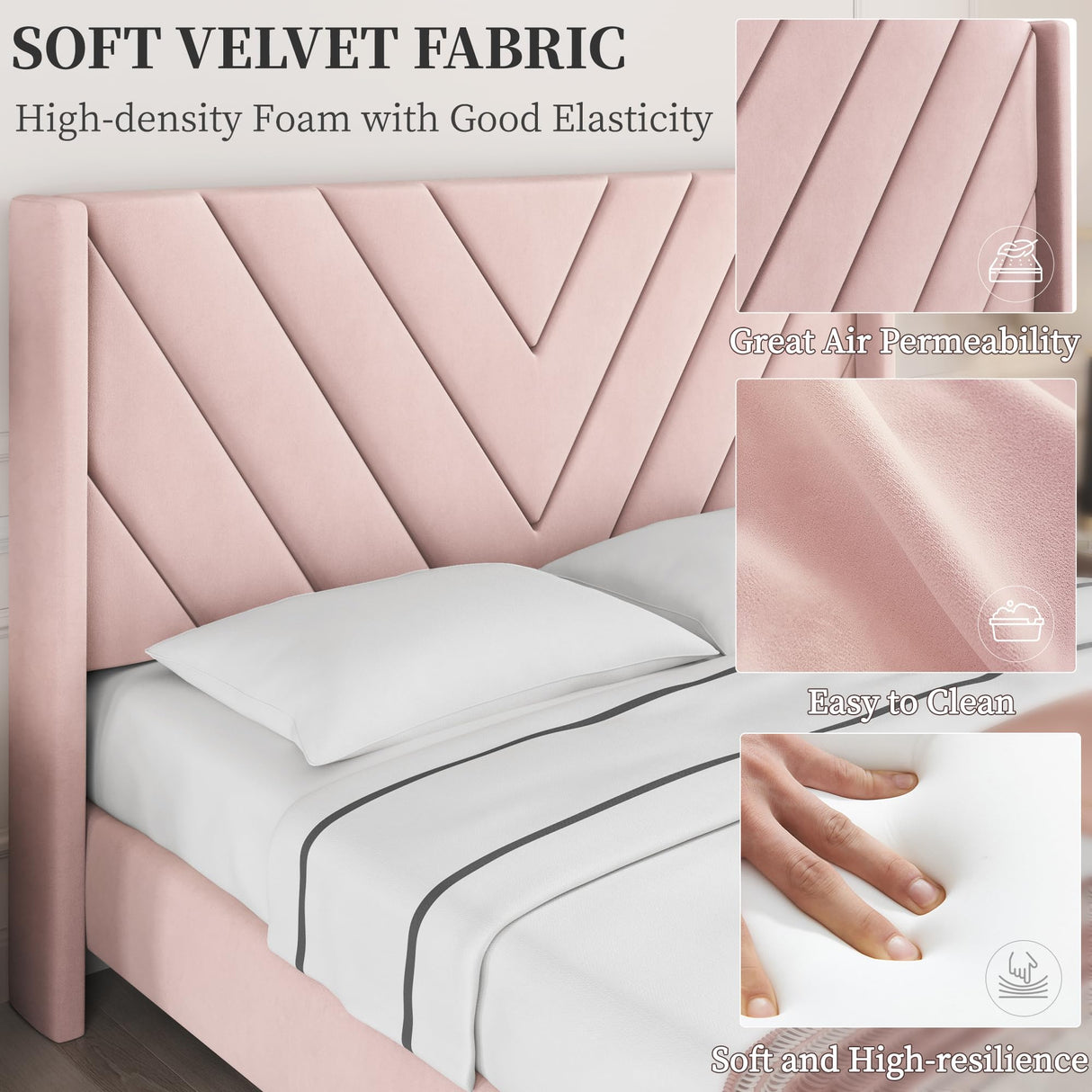 Yaheetech Queen Bed Frame Upholstered Platform Bed with Wing Side/Wooden Slat Support/Tufted Headboard with Wing Side/Mattress Foundation/No Box Spring Needed,Pink Queen Bed Yaheetech