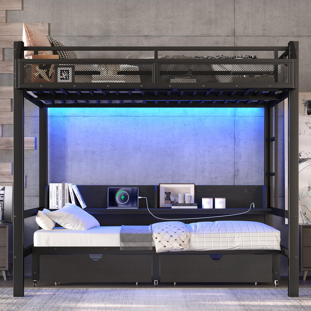Full over Full Bunk Bed with Storage Drawers and Shelves, Metal Bunk Beds with USB Ports and LED Lights, Lower Bed that can be converted into a sofa for Bed Room,Guest Room,Dormitory.(Black) Harper & Bright Designs