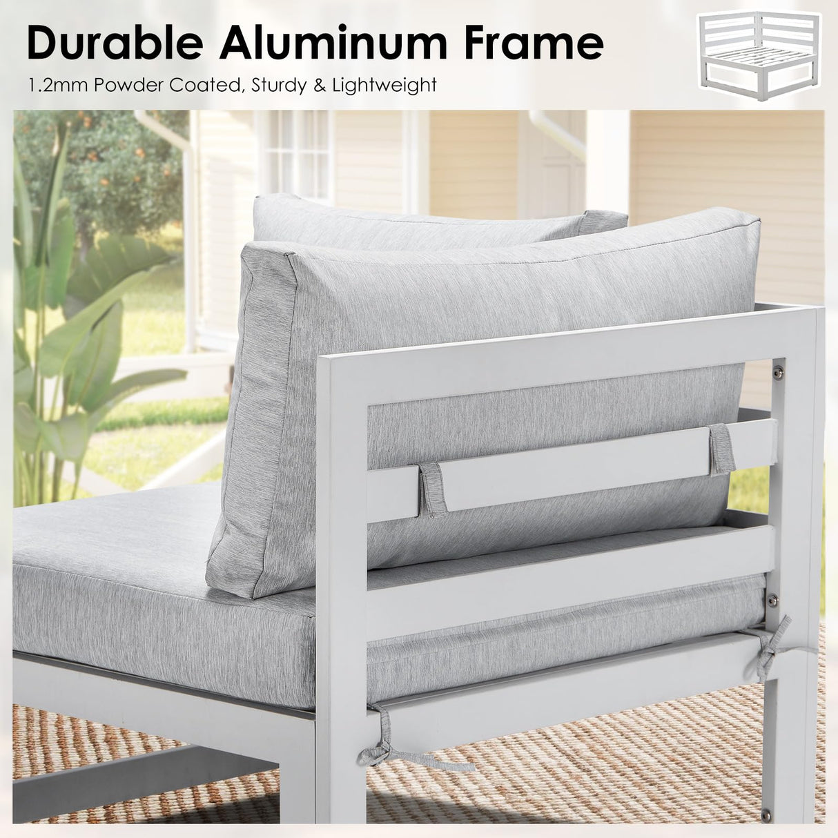 RADIATA 6 Person Large Modern Aluminum Outdoor Patio Furniture Set with Fireplace, 29" Wide Deep Seating, U Shaped Combo Sectional Couch, Water Resistant Conversation Set for Backyard Terrace, White RADIATA