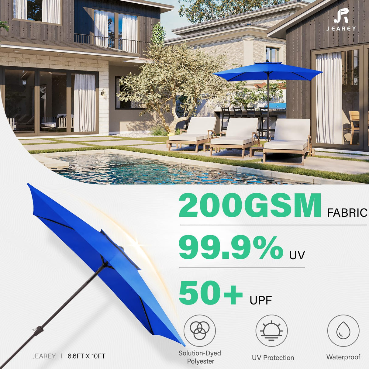 JEAREY 6.6 FT x 10 FT 2-Tiers Rectangular Patio Umbrellas Outdoor Large Market Umbrella With Push Button Tilt and Crank Lift System 6 Sturdy Ribs UV Protection Waterproof Sunproof, Royal Blue JEAREY