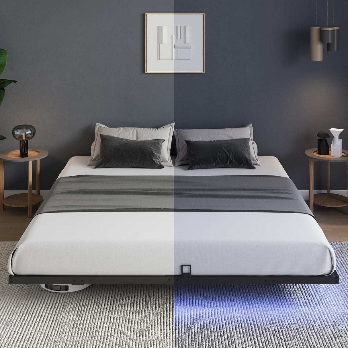 Novilla Floating Bed Frame with LED Lights, Modern Platform King Size Bed Frame with Mattress Slide Stopper, Easy Assembly, No Box Spring Needed, Noise Free Novilla