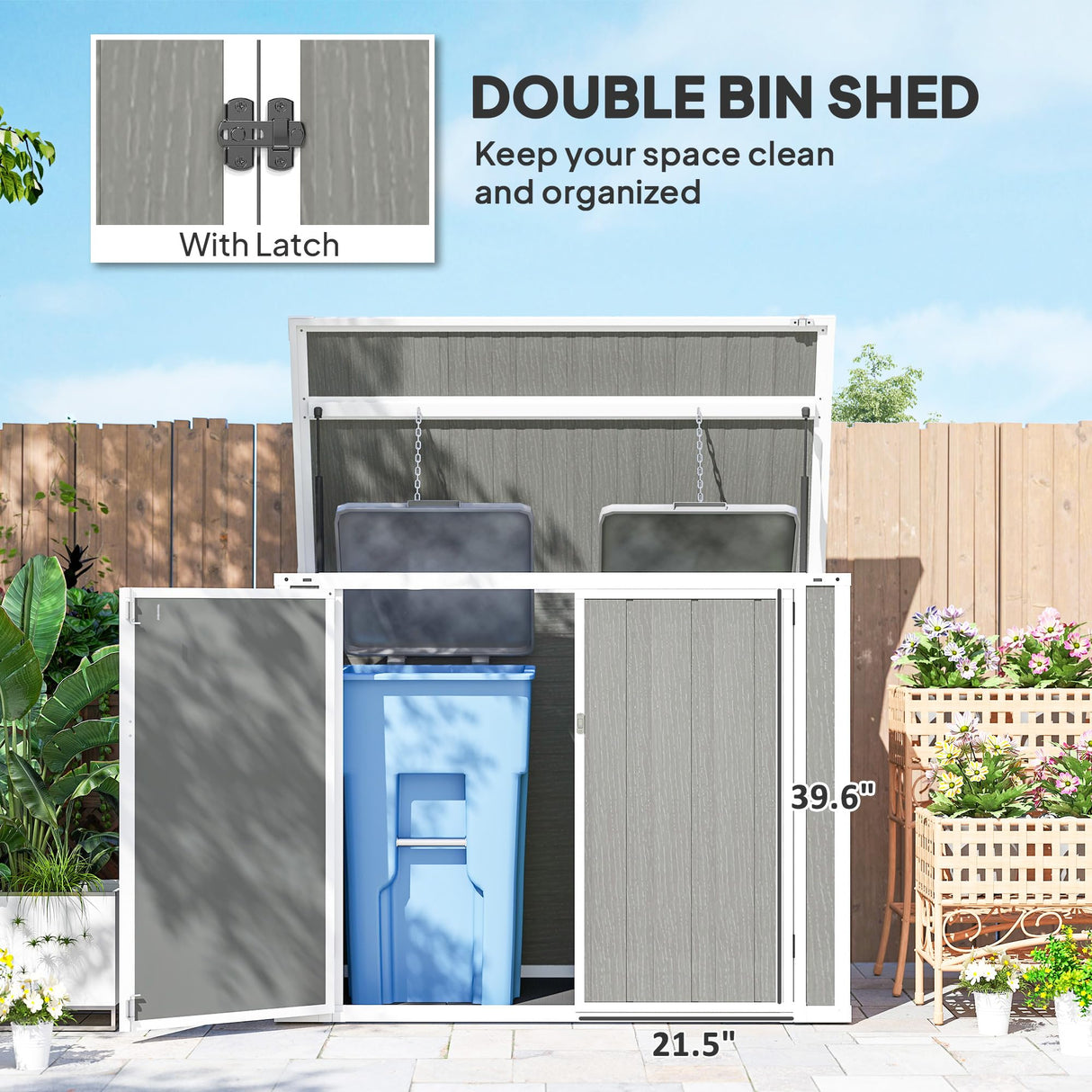Outsunny 41 Cu. Ft. Outdoor Storage Shed with Chain Lid, Waterproof Outdoor Horizontal Trash Can Storage with Lockable Storage Box for Trash Cans, Garden Tools, Gray Outsunny