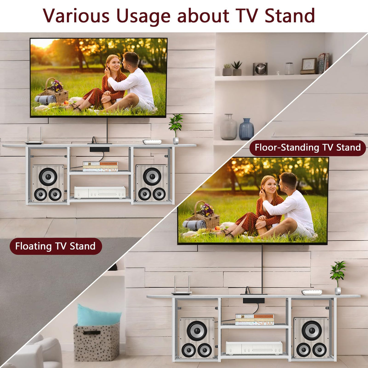 Floating TV Stand with Power Outlet for 50 60 Inches TV,Wall Mounted Media Console with Open Storage Shelves,Modern Entertainment Center for Living Room,Bedroom(White) Fogein