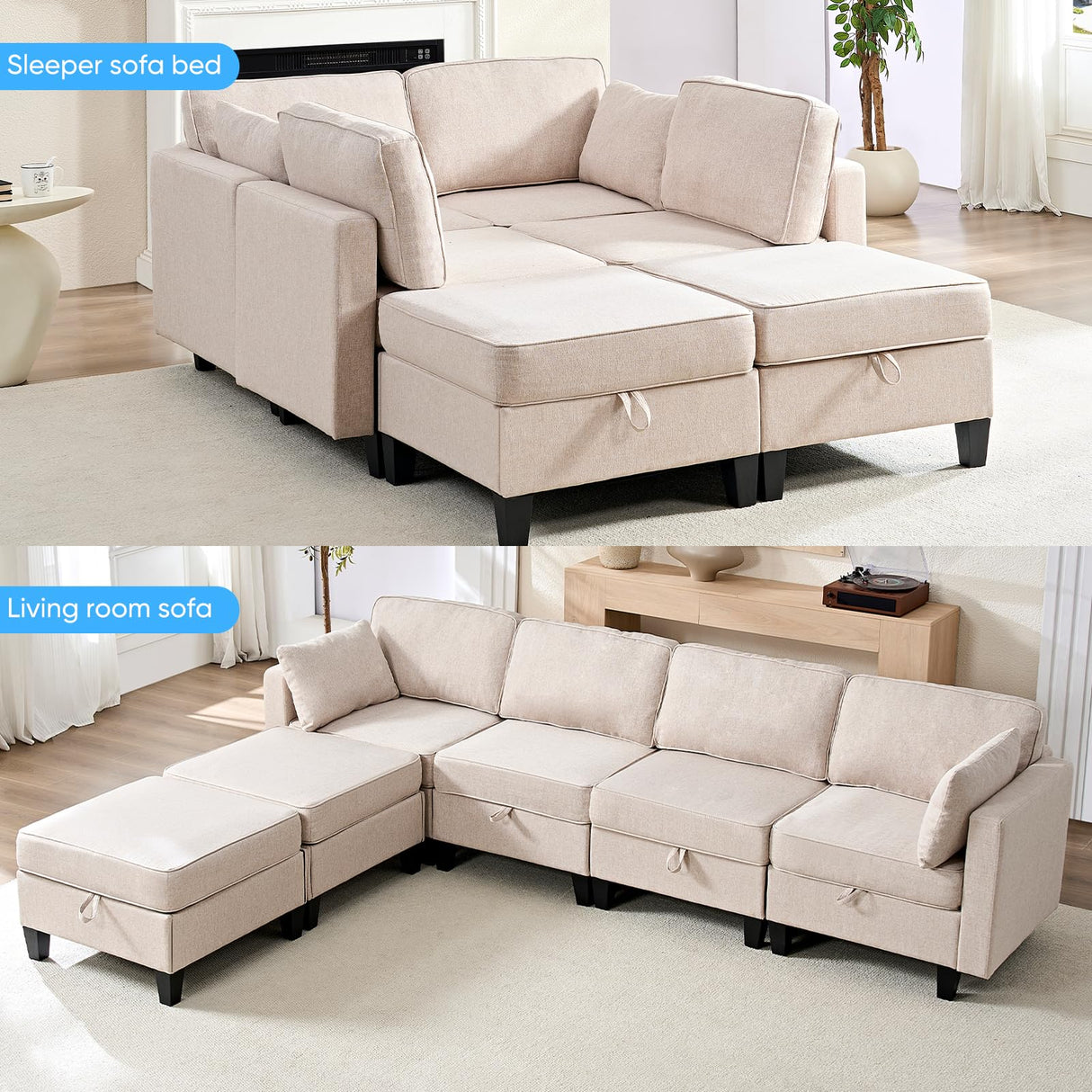 Mjkone 109" Width Modular U Shaped Sofa Couch with Storage, Convertible Sectional Couches for Living Room Sets Furniture with Reversible Chaise, 4 Seat Sofa Couch with Ottomans for Home Office, Beige Mjkone