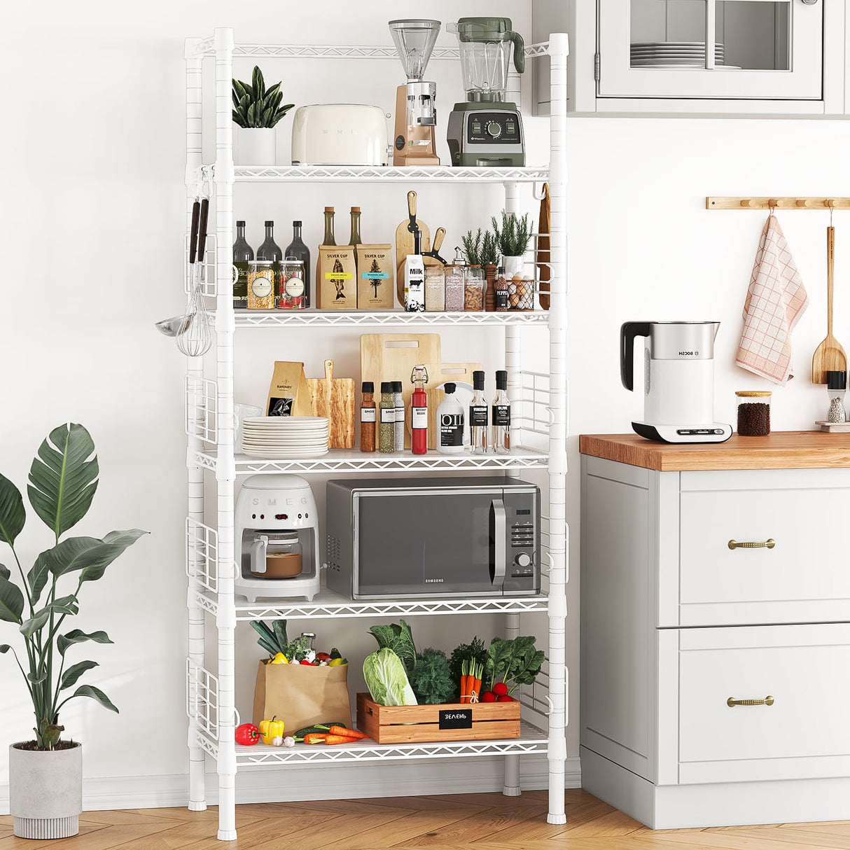 FUTASSI Metal Storage Rack, Storage Organizer Shelves for Kitchen, Bathroom, Living Room, Balcony and Garage, 5 Tiers Narrow Bookshelf, 21.2" W x 9.4" D x 59.2" H, Load 400lbs, White FUTASSI