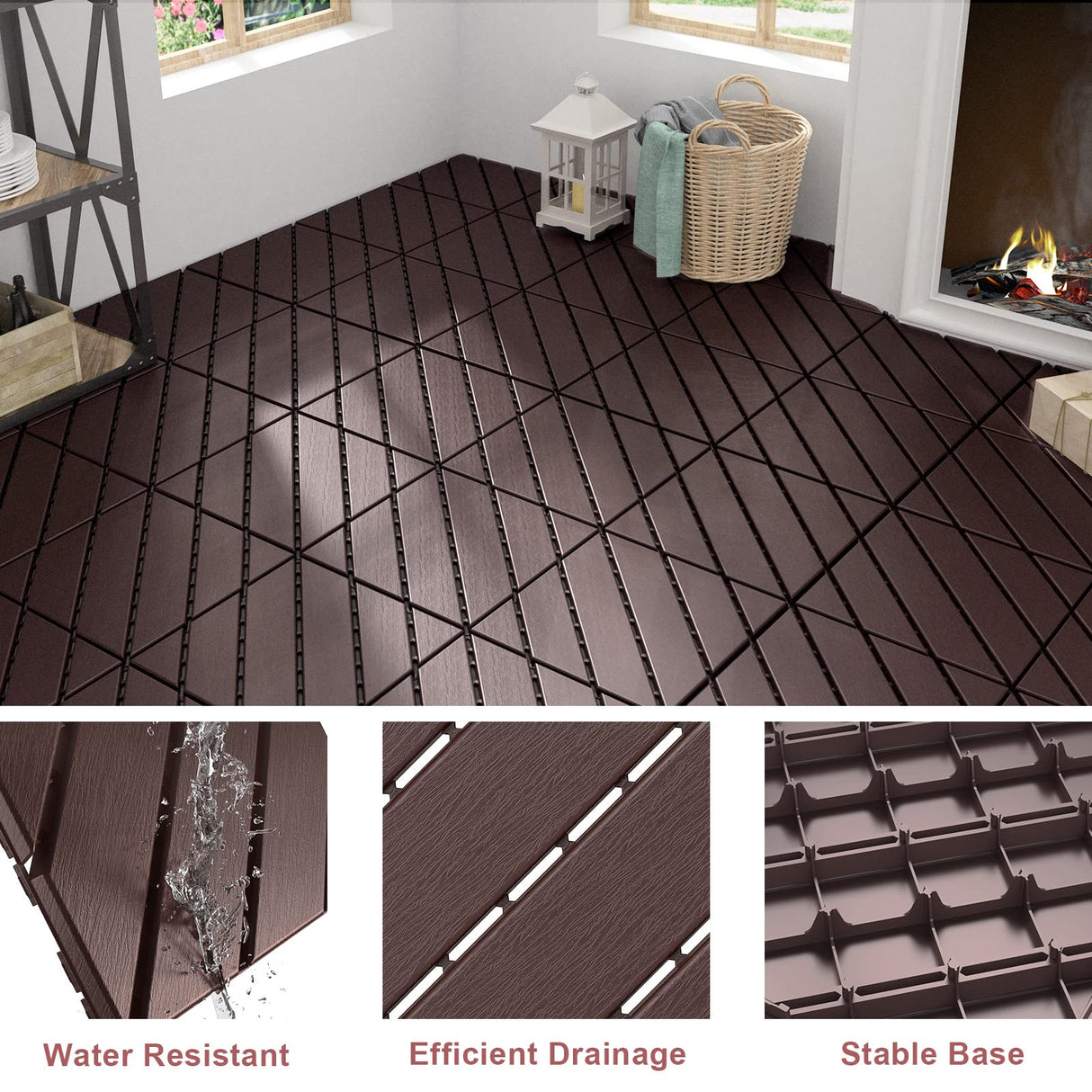 VANCASTLE Interlocking Floor Tiles, 12" x 12" Outdoor Flooring,All-Weather Waterproof Deck Tiles for Patio/Poolside/Garage/Gym, 1 Sq Ft Coverage per Tile, Easy to Install, Dark Brown/36 Pack VANCASTLE