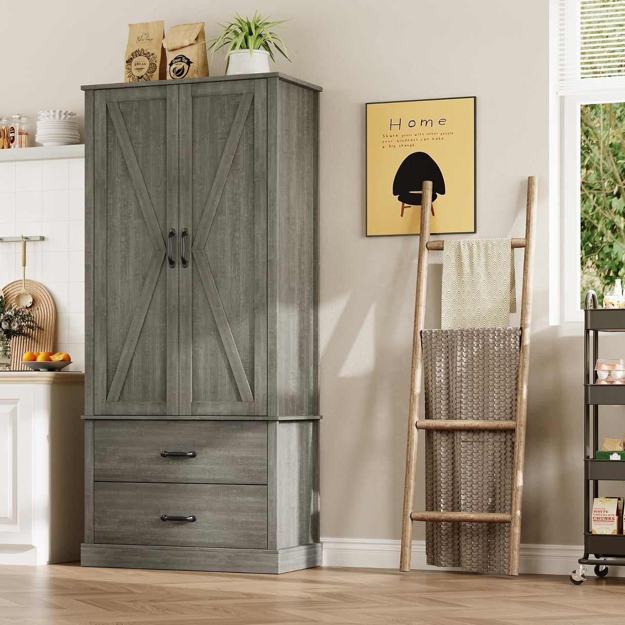 FinerFurnis Kitchen Pantry Storage Cabinet, 65" Tall Food Pantry Cabinet with 3 Storage Shelves and 2 Large Drawers, Farmhouse Kitchen Cupboard for Living Room, Dining Room, Grey FinerFurnis