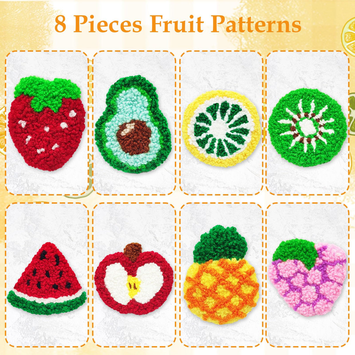Soleeya Punch Needle Kits Adults Beginner 8 Pcs Punch Needle Coaster Kit Fruit Patterns Stitching Punch Embroidery Including Yarn Hoop Needle and Video Tutorials, Rug Tufting Coaster DIY Craft Gifts Soleeya