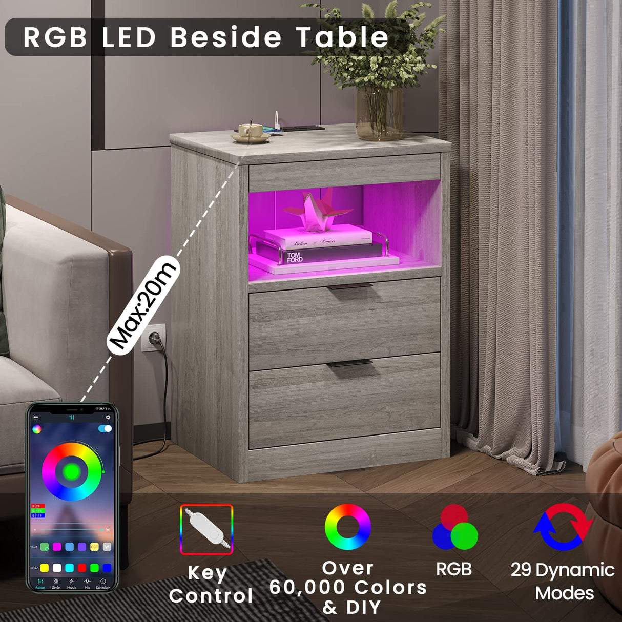 ADORNEVE Nightstand with Wireless Charging Station and LED Lights, Grey Night Stand with 2 Drawers and Open Storage for Bedroom, Bedside Table with Pull-Out Shelf, Modern End Side Table ADORNEVE