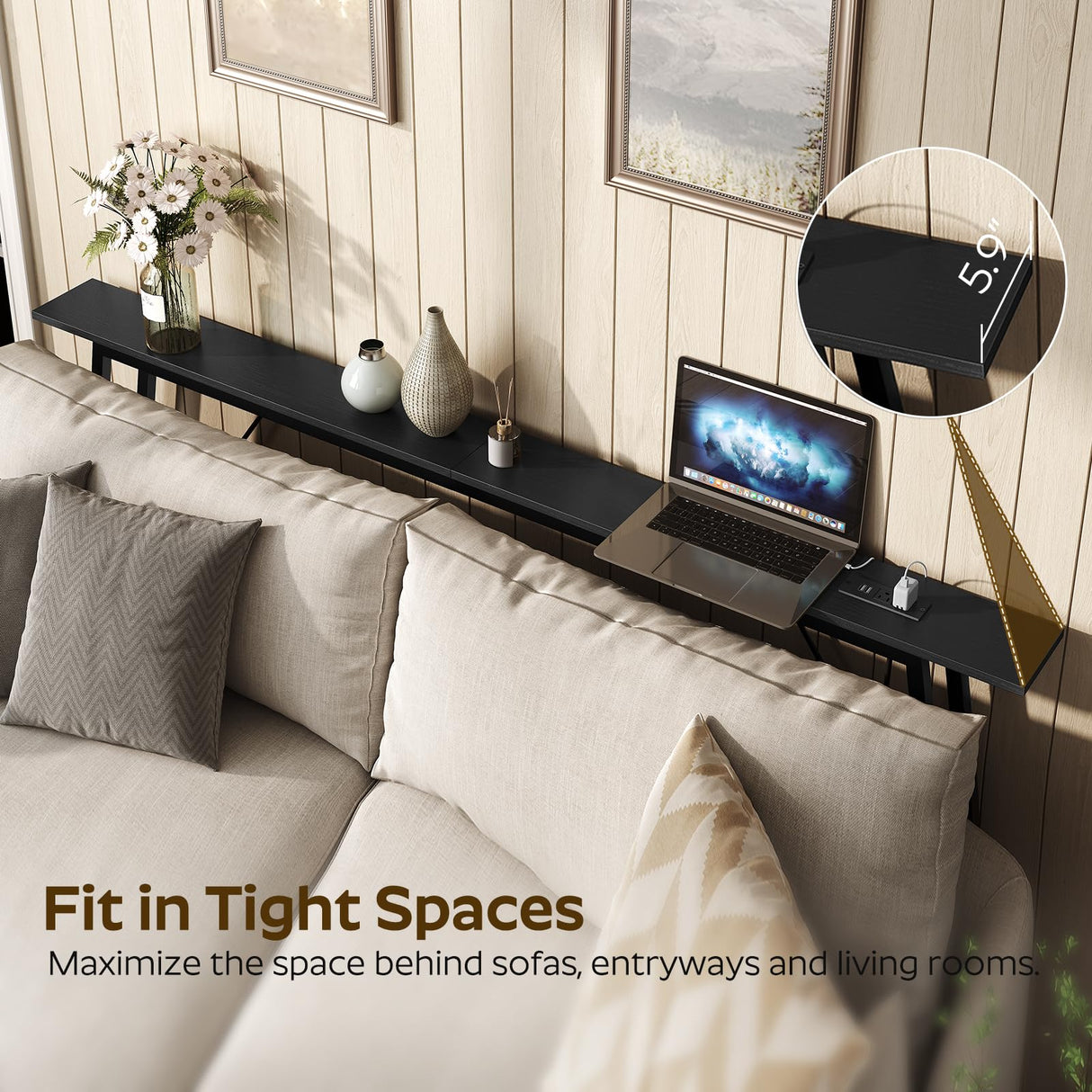 YATINEY 70.9" Skinny Console Table with Power Outlets, 5.9" Sofa Tables Narrow Long, Industrial Behind Couch Table, for Hallway, Entryway, Living Room, Black CT185UBB YATINEY